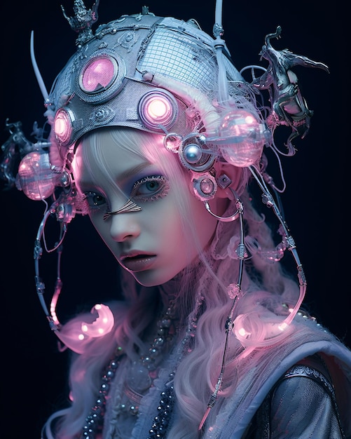 Photo portrait of a cyberpunk model with elements of computers and technology