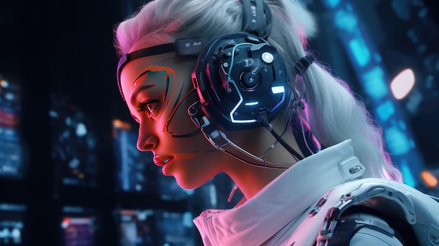 portrait cyberpunk woman futuristic neon style background