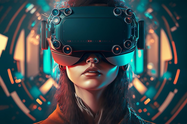 Портрет женщины-киберпанка на изолированном размытом фоне Киборг-персонаж в очках виртуальной реальности