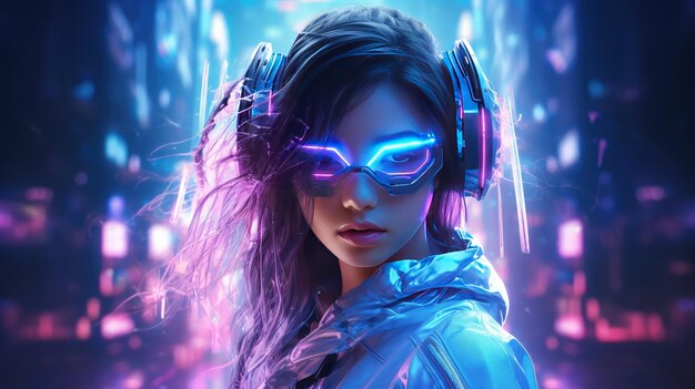 portrait cyberpunk woman put VR futuristic neon style background