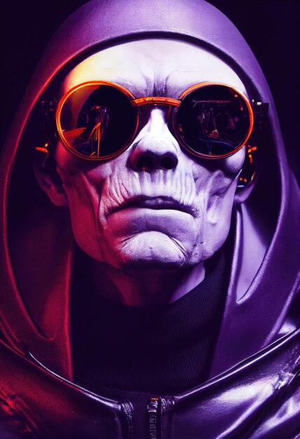 Portrait of a cyberpunk zombie skeleton from hell with fancy\
sunglasses halloween concept