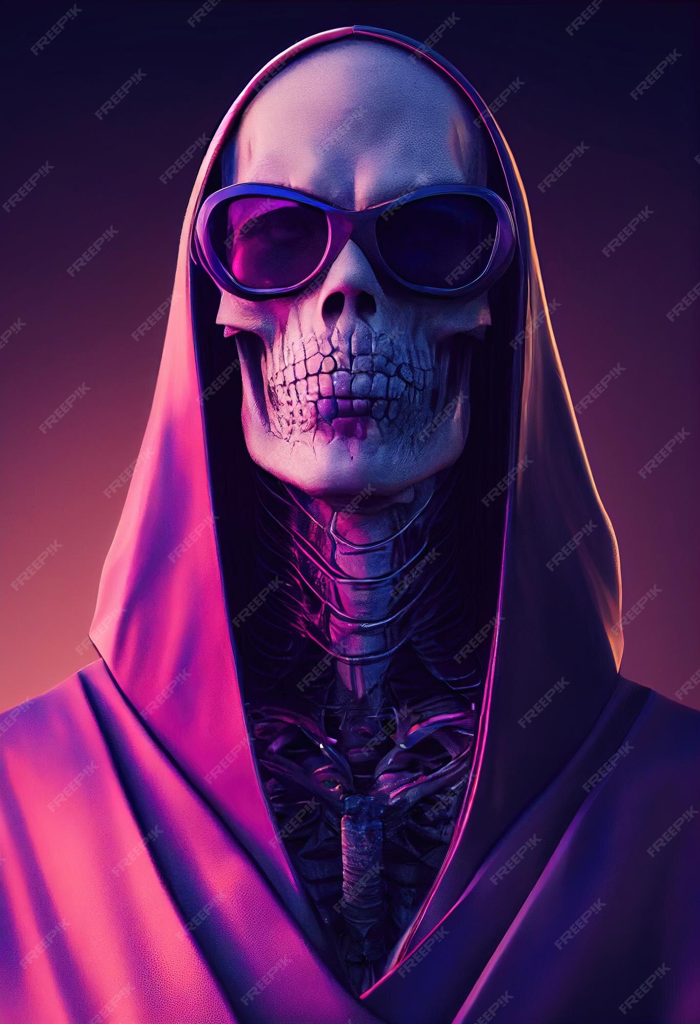 Portrait of a cyberpunk zombie skeleton from hell with fancy sunglasses.  Halloween Concept. 3D rendering. Stock Illustration