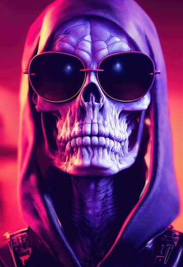 Portrait of a cyberpunk zombie skeleton from hell with fancy sunglasses.  Halloween Concept. 3D rendering. Stock Illustration