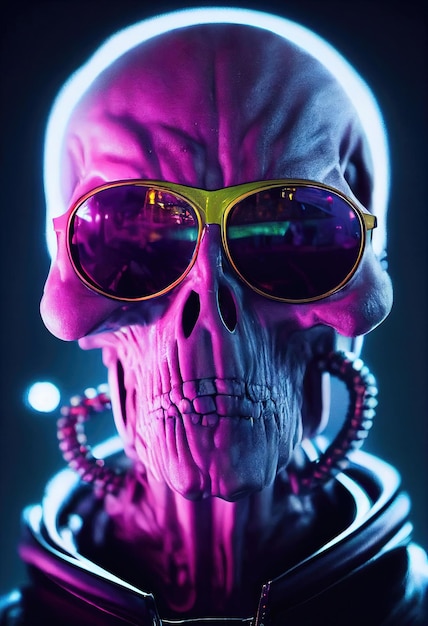 Portrait of a cyberpunk zombie skeleton from hell with fancy\
sunglasses halloween concept