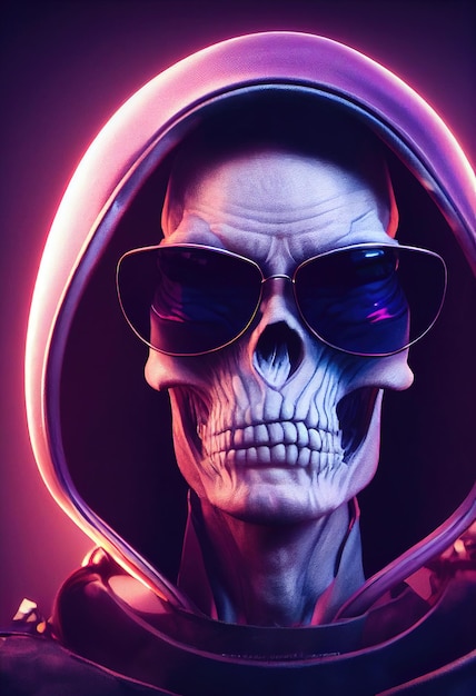Portrait of a cyberpunk zombie skeleton from hell with fancy\
sunglasses halloween concept