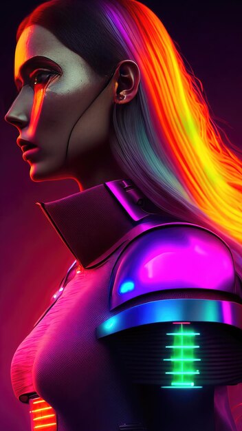 Портрет киборга-андроида, наполовину человека, женщины-леди на неоновом светлом фоне, генеративное искусство от AI