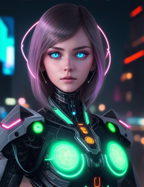 Portrait of a cyborg girl on the background of a neon city