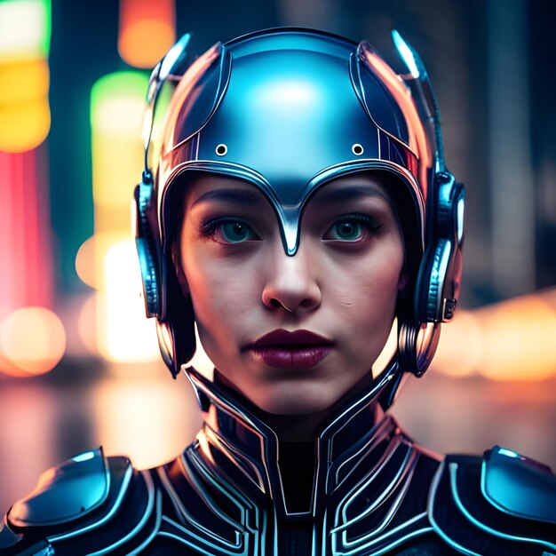 Photo portrait of a cyborg girl wearing futuristic face armor in a neon city at night