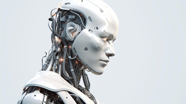 Portrait of cyborg robot on white background