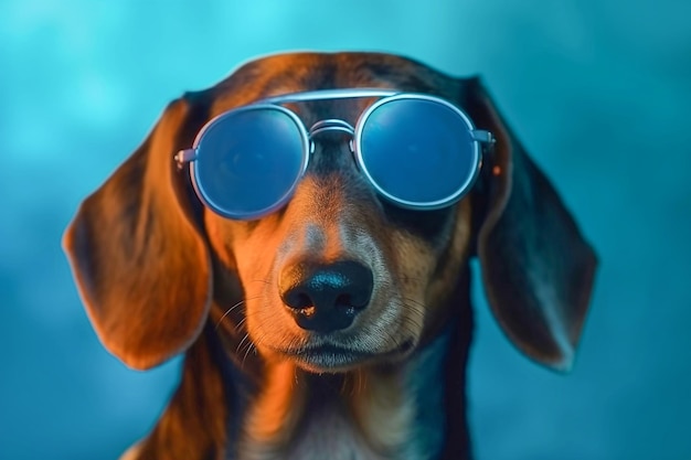 Portrait of dachshund dog in sunglasses on blue background closeup created with Generative AI technology