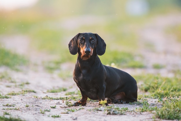 Portrait of dachshund relaxing on field