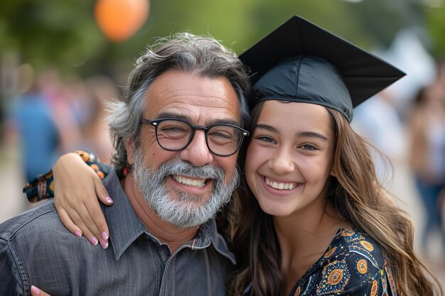 Portrait of a dad hugging graduate daughter in her convocation day with a beautiful blurry backdrop and space for text or product