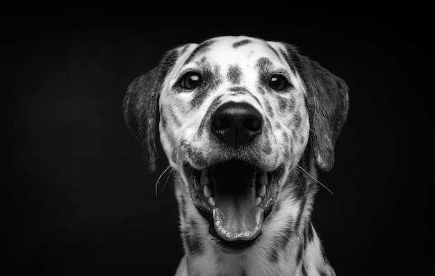 Portrait of a Dalmatian dog on an isolated black background