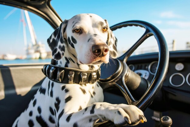 Portrait of a Dalmatian dog sitting in the driver's seat of a car