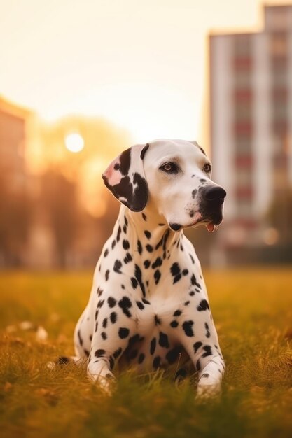 太陽の光の下で草の上に横たわっているダルマチア犬の肖像画