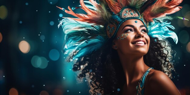 Photo portrait of a dancer girl in a festive outfit made of feathers and decorations at the cranaval in