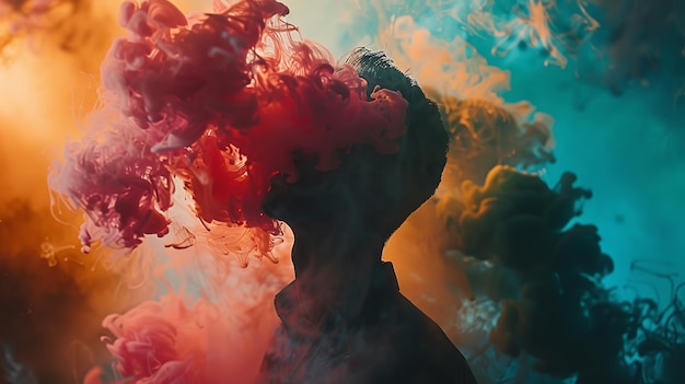 Портрет темного лица в дыме с большим количеством цветов, представляющий ум или печаль и депрессию с пространством Генеративный ИИ