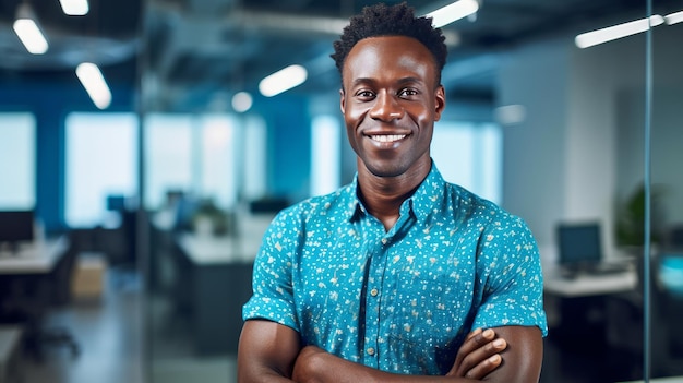 AI が生成した青いシャツを着て明るいオフィスに笑顔で立つ浅黒い肌の男性のポートレート