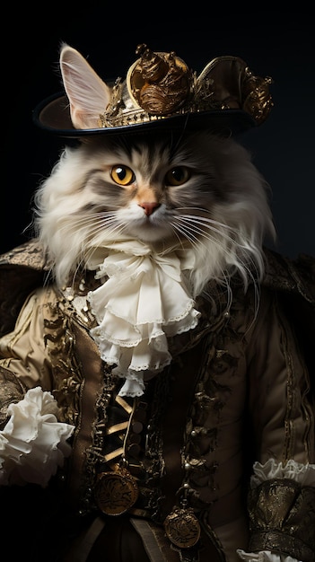 Photo portrait of dashing cat persian pirate musketeer costume plumed hat r animal arts collections