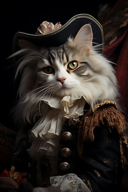 Foto ritratto di gatto impetuoso, pirata d'angora turco, costume da moschettiere, pennacchio, collezioni di arti animali