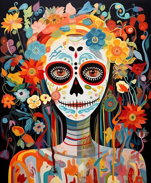 a portrait of day of the dead woman in the style of playful