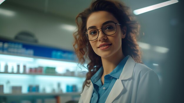 Portrait of a dedicated female pharmacist looking into a camera while wearing eyeglasses