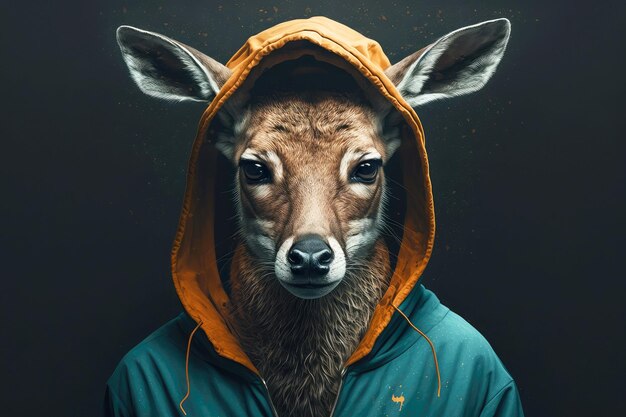 Premium Photo | Portrait of deer in sportswear and a hood generative ai