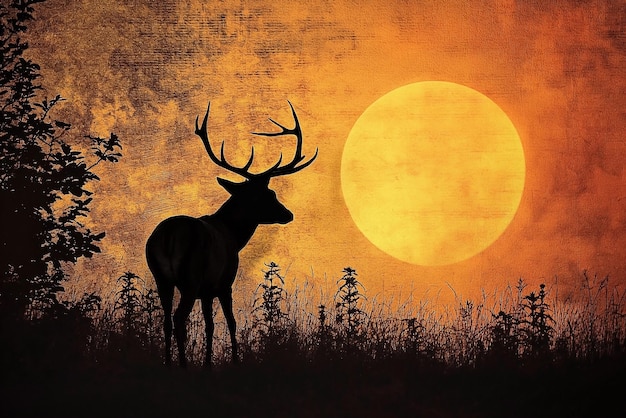Portrait of a deer stag during rutting season in the forest at sunset Landscape nature background