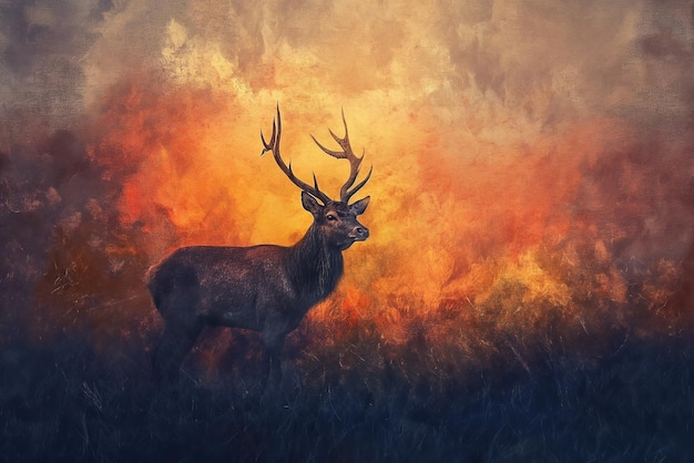 Portrait of a deer stag during rutting season in the forest at sunset Landscape nature background