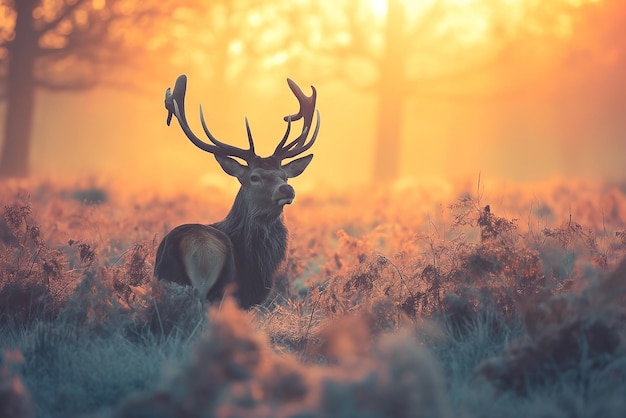 Portrait of a deer stag during rutting season in the forest at sunset Landscape nature background