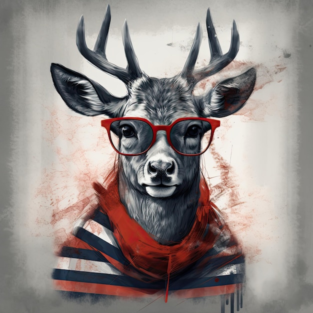 Portrait of Deer in striped red tshirt with glasses Generative AI