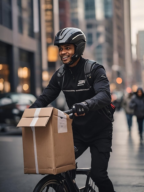 Photo portrait of delivery man with bicycle delivering parcel box in the city