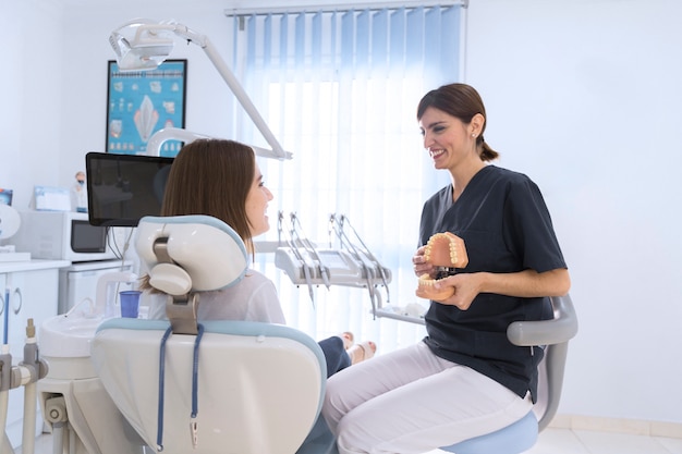 Portrait of a dentist showing teeth model to patient