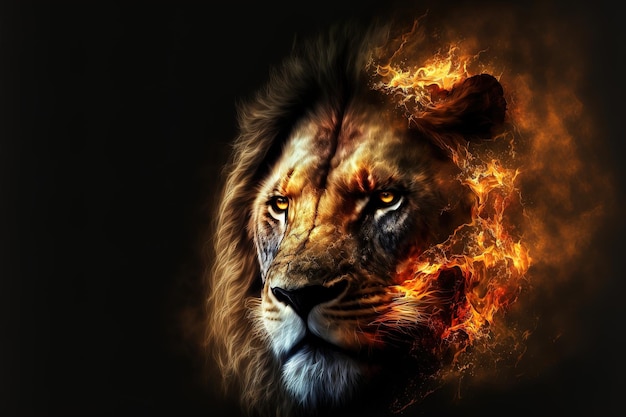 Portrait depicting the Lion King on fire on a black background digital art AI