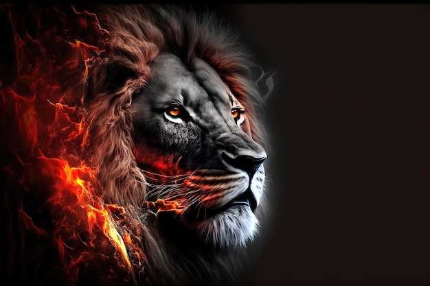 Portrait depicting the Lion King on fire on a black background digital art