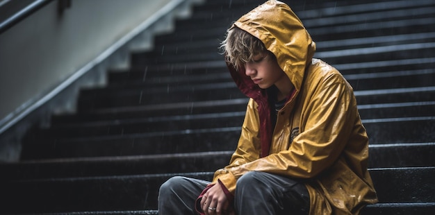 Portrait depressed teenage alone abuse loneliness sad city sitting young stress despair problem rain urban