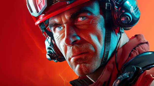 Photo portrait of a determined firefighter wearing a protective helmet and gear staring at the camera with a serious expression