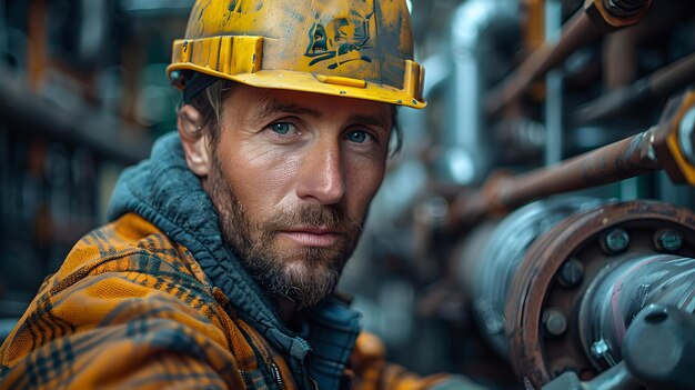 Portrait of a determined worker in safety gear at industrial site male engineer with hard hat professional and focused AI