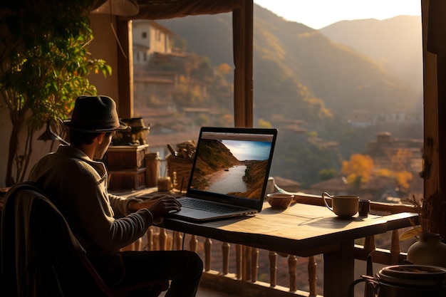 Photo portrait of a digital nomad working on a laptop in a beautiful place