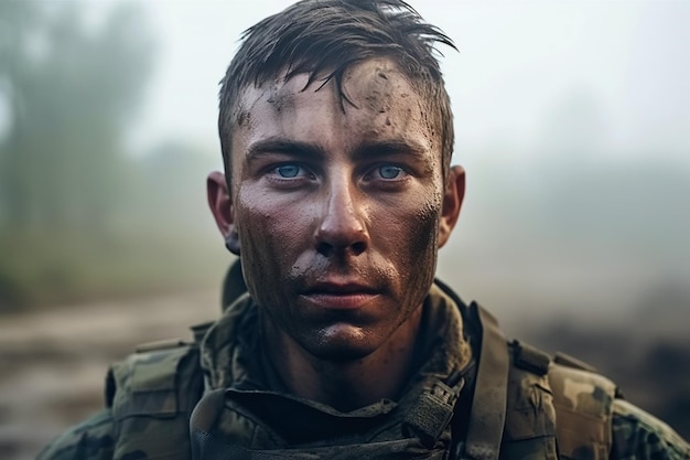 Portrait of a dirty male soldier at war on battlefield Generative AI