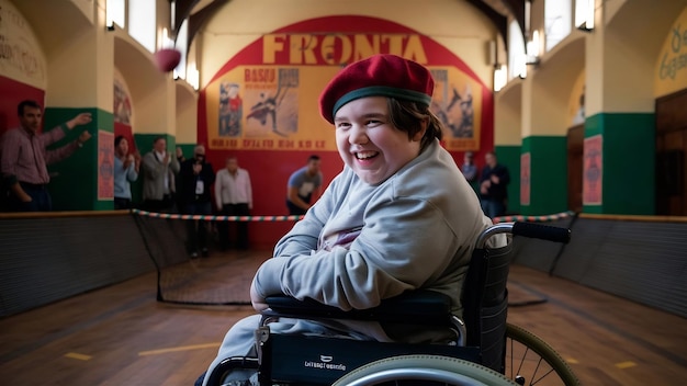 Портрет инвалида в инвалидной коляске на фронтоне игры баскской пелоты с улыбкой