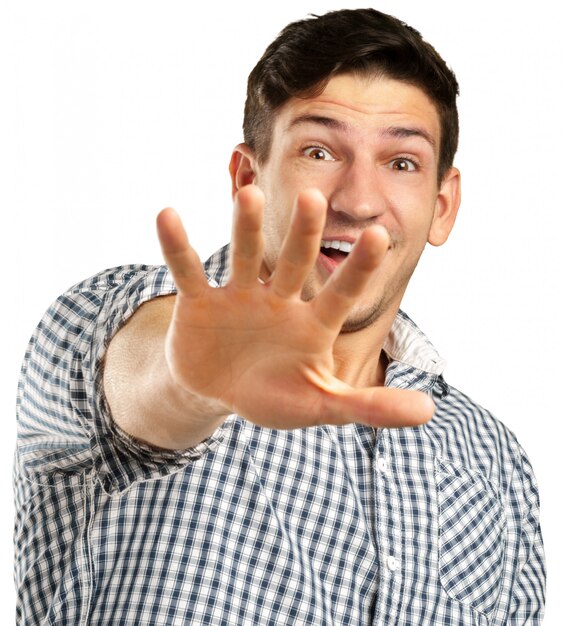 Portrait of disgusted man isolated on white background