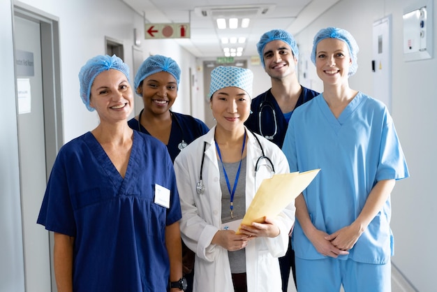 Photo portrait of diverse group of healthcare workers wearing surgical caps smiling in hospital corridor. hospital, medical and healthcare services.