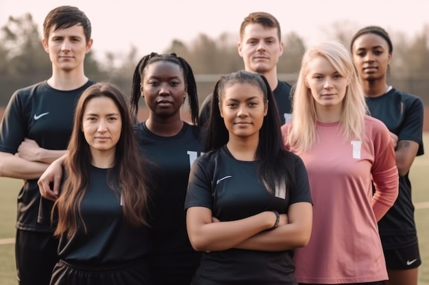 Photo portrait of a diverse team standing together on the field created with generative ai