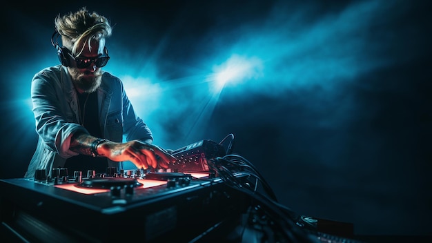 Portrait of a DJ with a console against a dark background with a place for the inscription