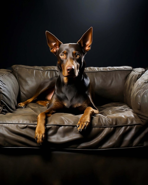 Portrait of a Doberman dog breed closeup The dog lies on a leather sofa on a black background