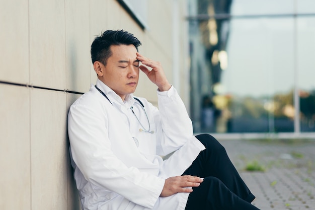 Portrait Doctor Asian man tired after work sitting on the floor near the clinic disappointed with the result