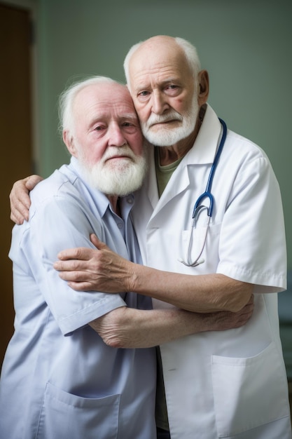 Portrait of a doctor embracing his elderly patient created with generative ai