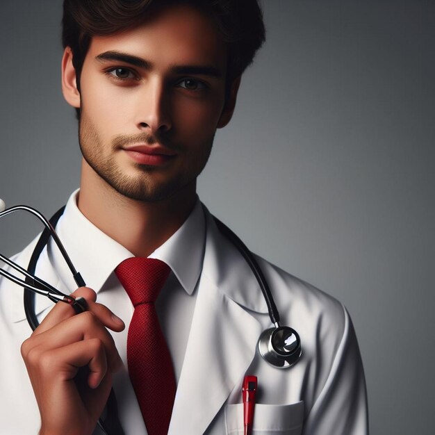 Portrait a doctor holding a stethoscope with a red tie against a grey background