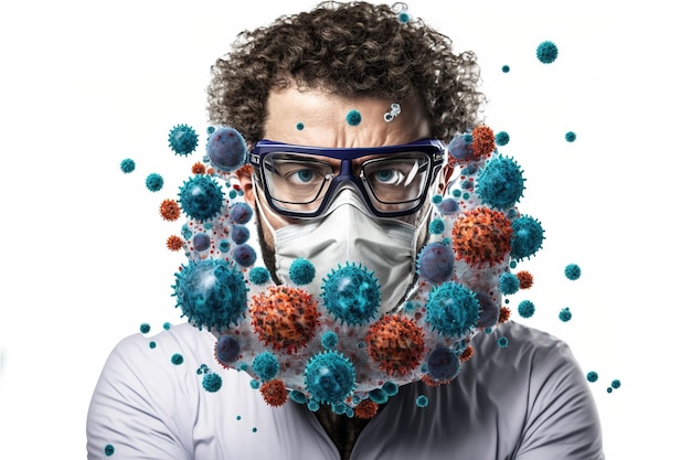 Portrait of a doctor in a mask surrounded by viruses and germs generative ai